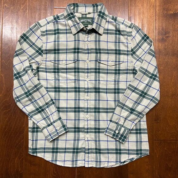 American Eagle Vintage Cream Green Plaid Flannel Button Front Shirt Men's Large - Picture 3 of 8